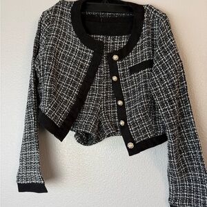 SHEIN Black & White Tweed Cropped Jacket and short set